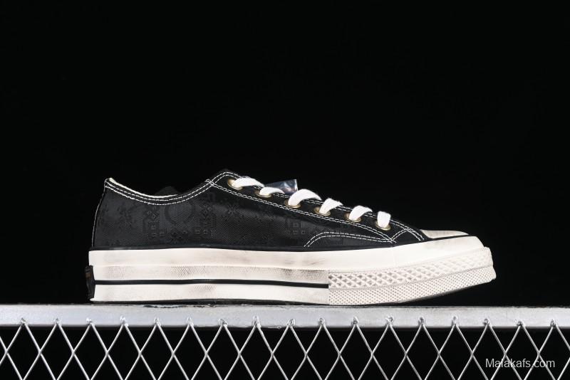 Clot x Fragment Design x Converse Custom Triple Collaboration Low-Top Sneakers with Distressed Black Silk and Brier Pattern - A10925C