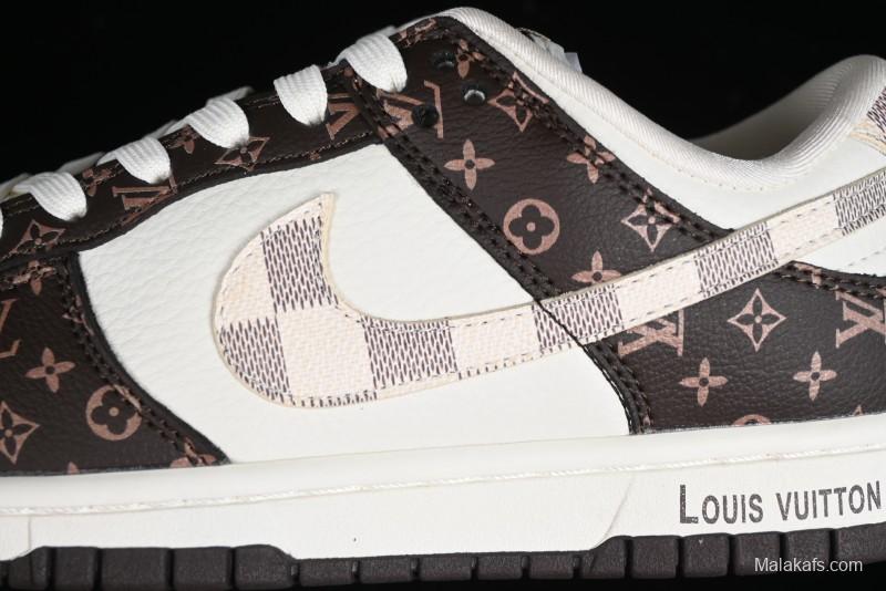 Nike SB Dunk Low LV Collaboration - Checkerboard Brown White Swoosh Anniversary High-End Custom Low-Top Casual Sneakers - SJ2068-253