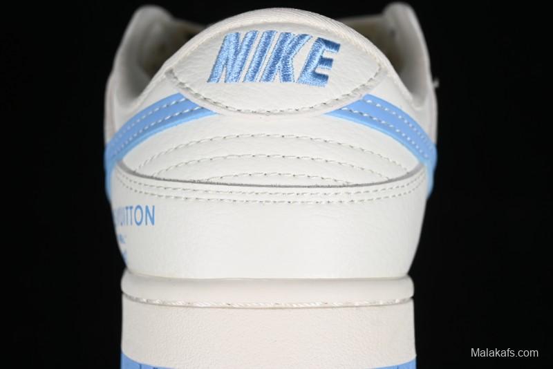 Nike SB Dunk Low LV Collaboration - Beige Blue Double Swoosh Print Anniversary Custom Low-Top Casual Sneakers - CF3688-005