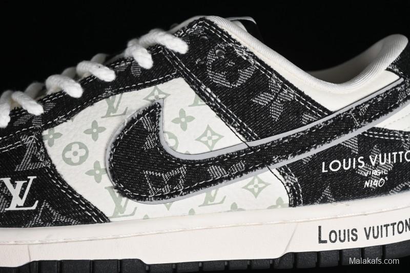 Nike SB Dunk Low LV Collaboration - Black Denim Print Anniversary Custom Low-Top Casual Sneakers - SJ2068-256