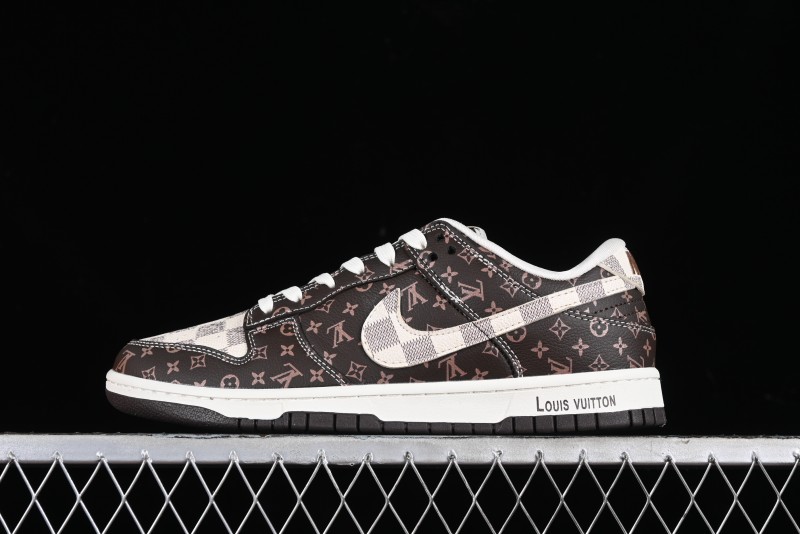 Nike SB Dunk Low LV Collaboration - Checkerboard Brown Monogram White Swoosh Anniversary High-End Custom Low-Top Casual Skate Shoes - SJ2068-255