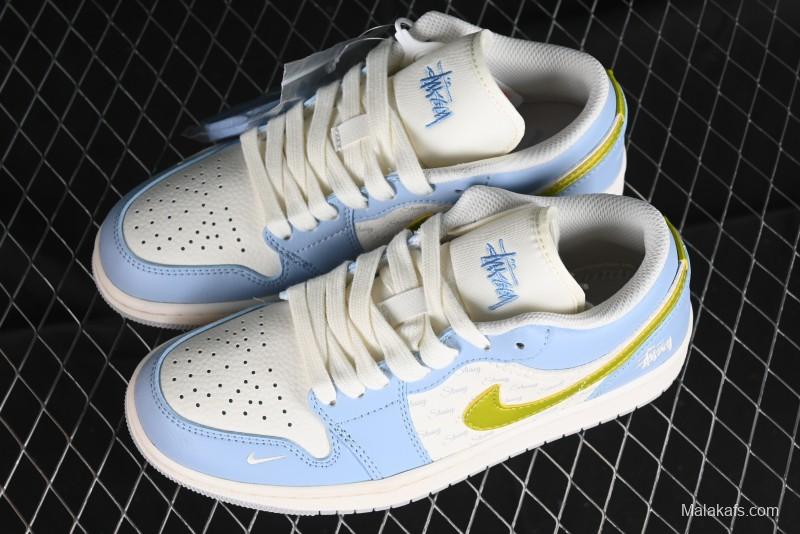 Nike Air Jordan 1 Low Stussy Collaboration - Blue Gold Custom High-End Basketball Shoes - WG8850-007