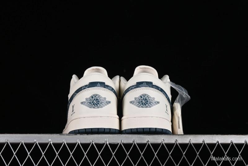 Nike Air Jordan 1 Low LV Collaboration - White with Blue Swoosh Custom Casual Sneakers - WG8850-005