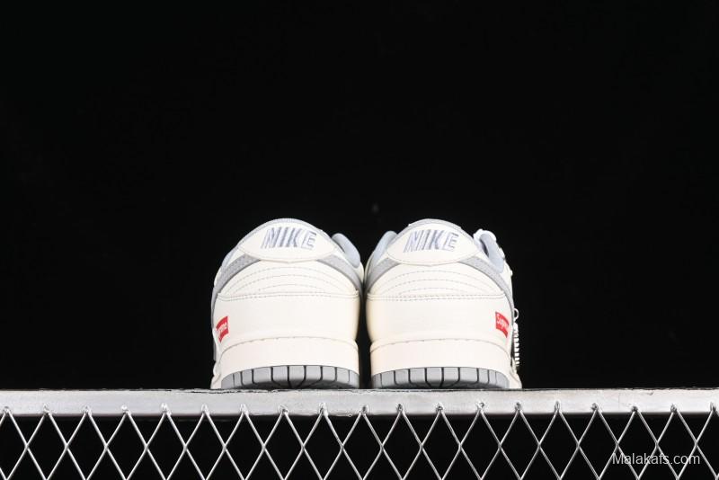 Nike SB Dunk Low Supreme Collaboration - Off White Gray Double Swoosh Anniversary Custom Low-Top Casual Skate Shoes - XX2025-317