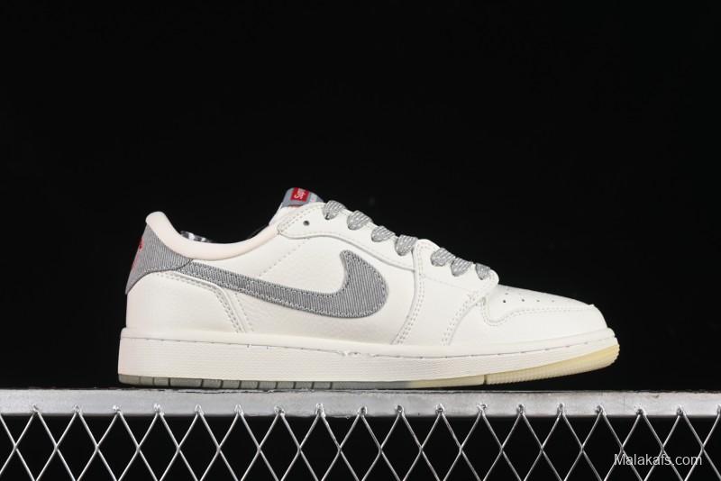 Nike Travis Scott x Fragment Design x Air Jordan 1 Low OG SP AJ1 Supreme Collaboration - Light Grey Denim Two-Tone Low-Top Casual Sneakers - JH6088-705