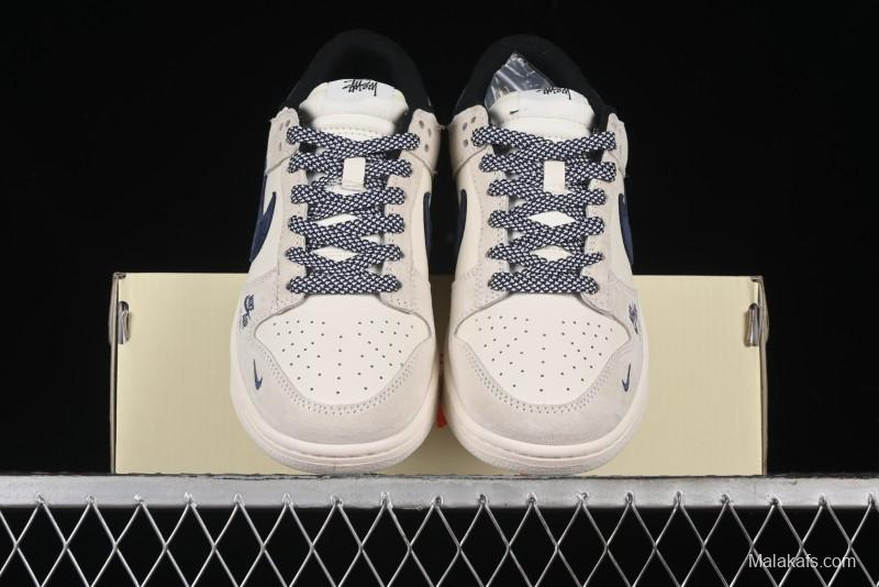 Nike SB Dunk Low Supreme x Stussy Triple Collaboration - Off White Navy Swoosh Anniversary Custom Low-Top Casual Sneakers - SJ2068-301