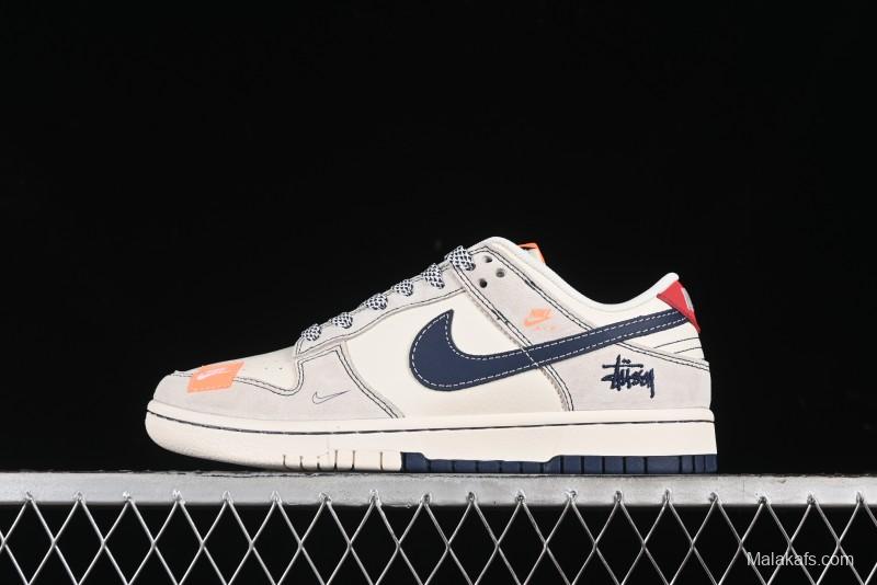 Nike SB Dunk Low Stussy Collaboration - Patchwork Grey White Dark Blue Swoosh Anniversary Custom Low-Top Casual Skate Shoes - MM1089-025