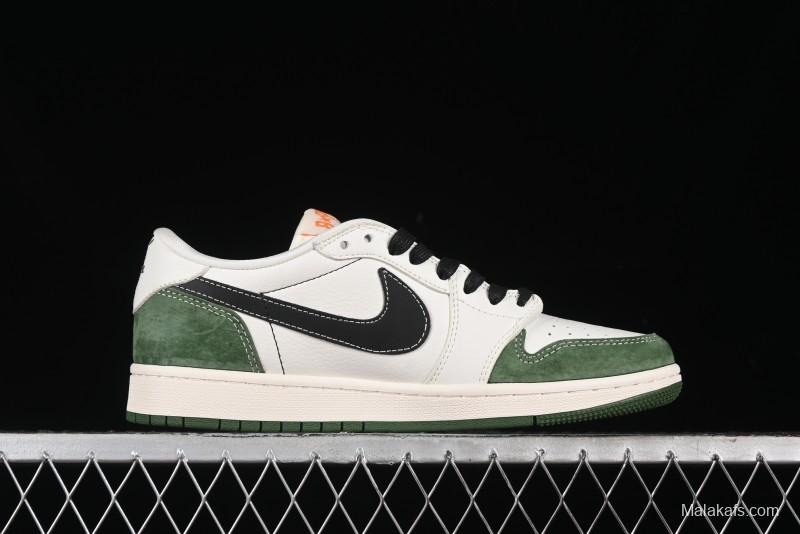 Nike Travis Scott x Fragment Design x Air Jordan 1 Low OG SP AJ1 Bape Collaboration - Jungle Green Low Top Casual Sneakers - XY2688-107