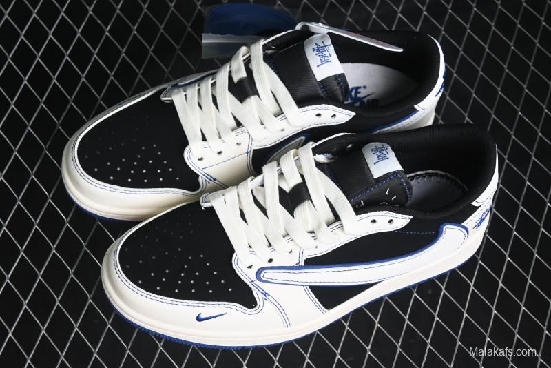 Nike Travis Scott x Fragment Design x Air Jordan 1 Low OG SP AJ1 Stussy Collaboration - Black Blue Line Low Top Casual Sneakers - SJ2068-113