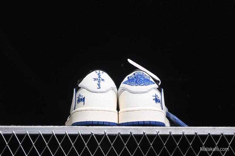 Nike Travis Scott x Fragment Design x Air Jordan 1 Low OG SP AJ1 Stussy Collaboration - Black Blue Line Low Top Casual Sneakers - SJ2068-113