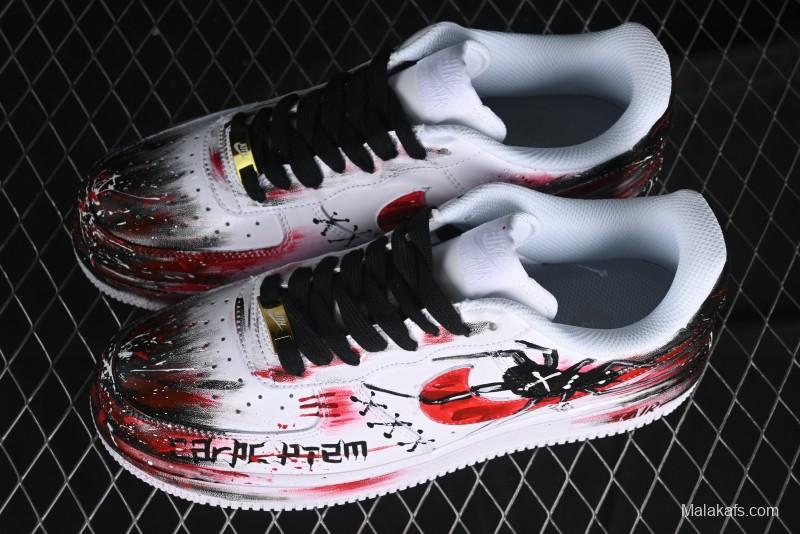 Nike Air Force 1 '07 Low Casual Sneakers with 2D Black and White Hand-Painted Blood Night Stitching Design - CW8822-011