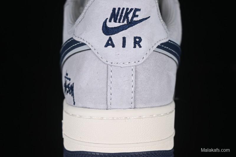 Nike Air Force 1 '07 Low Stussy Collaboration Grey Blue Swoosh Casual Sneakers - XZ3318-088