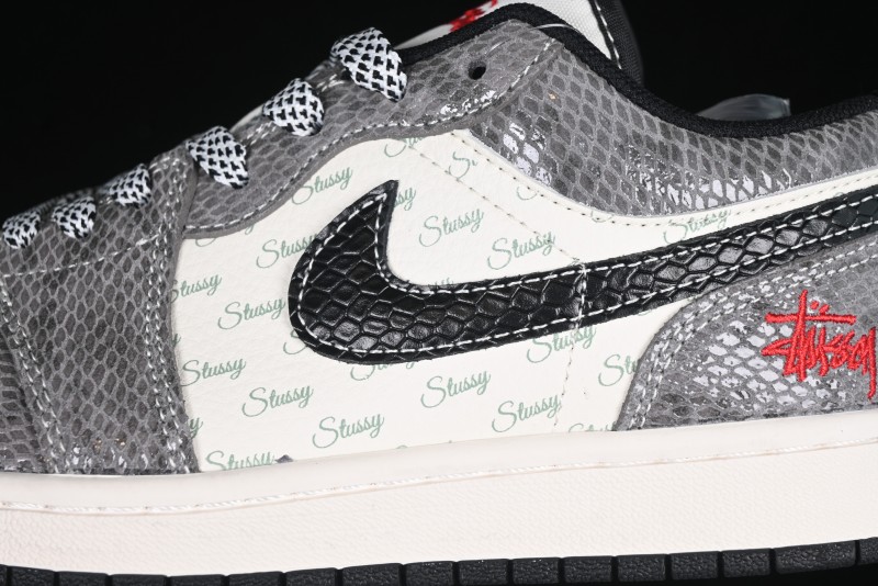 Nike Air Jordan 1 Low Retro Basketball Shoes with Custom Stussy Grey Snake Design - FC1688-202