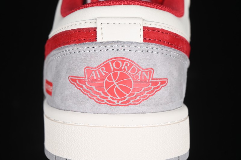Nike Air Jordan 1 Low AJ1 Supreme Collaboration - White Grey Red Swoosh Retro Basketball Shoes - SJ9950-024