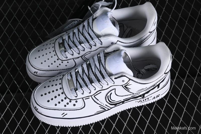 Nike Air Force 1 '07 Low Casual Sneakers with Black and White Hand-Drawn Manga Design - CW2288-811