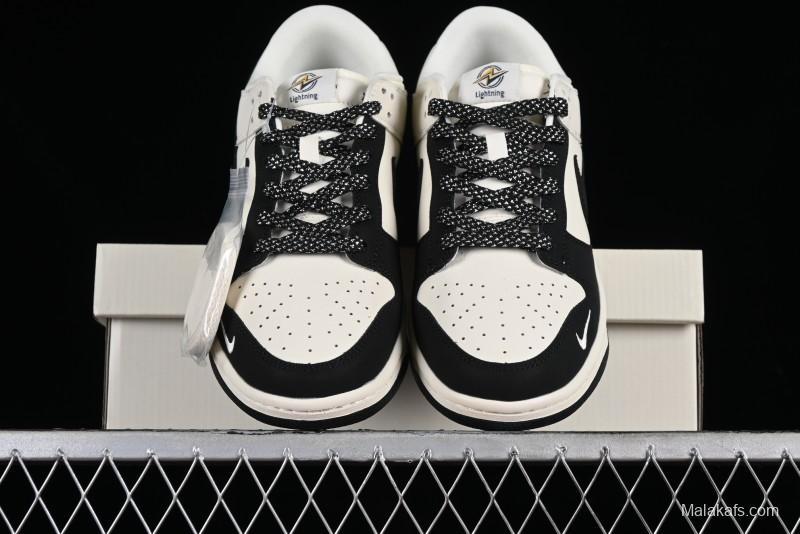 Nike SB Dunk Low Lightning Collaboration - Off White Black Colorway with Mini Swoosh Anniversary Custom Edition Low Top Casual Skate Shoes - XD1688-028