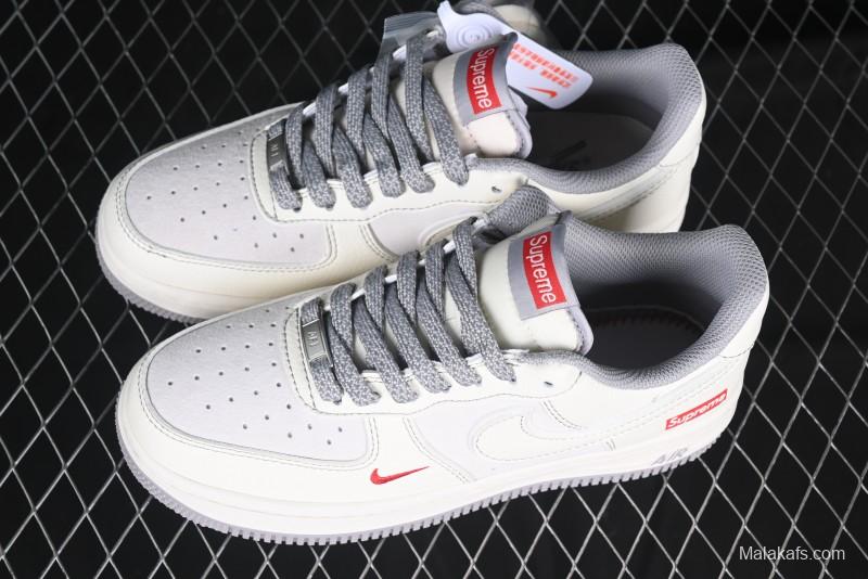 Nike Air Force 1 '07 Low Supreme Collaboration Beige Grey with Red Swoosh Casual Sneakers - BB7518-011