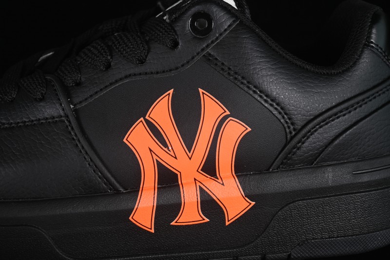 NY Yankees Black Leather Sneakers with Bold Orange Logo