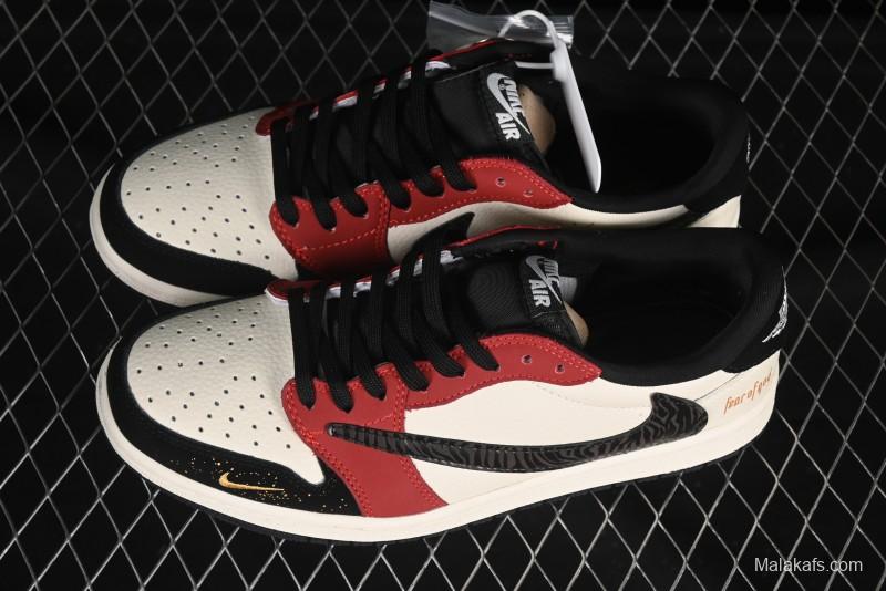 Nike Travis Scott x Fragment Design x Air Jordan 1 Low OG SP AJ1 FOG Collaboration Patchwork Burgundy Low-Top Casual Sneakers - LD2025-012