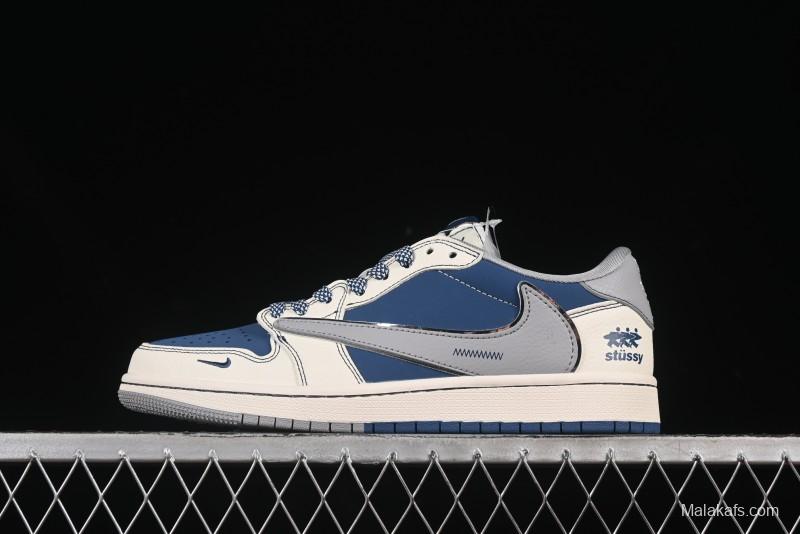 Nike Travis Scott x Fragment Design x Air Jordan 1 Low OG SP AJ1 Stussy Collaboration Dual-Tone Grey Hook Low-Top Casual Sneakers - ZH2598-245