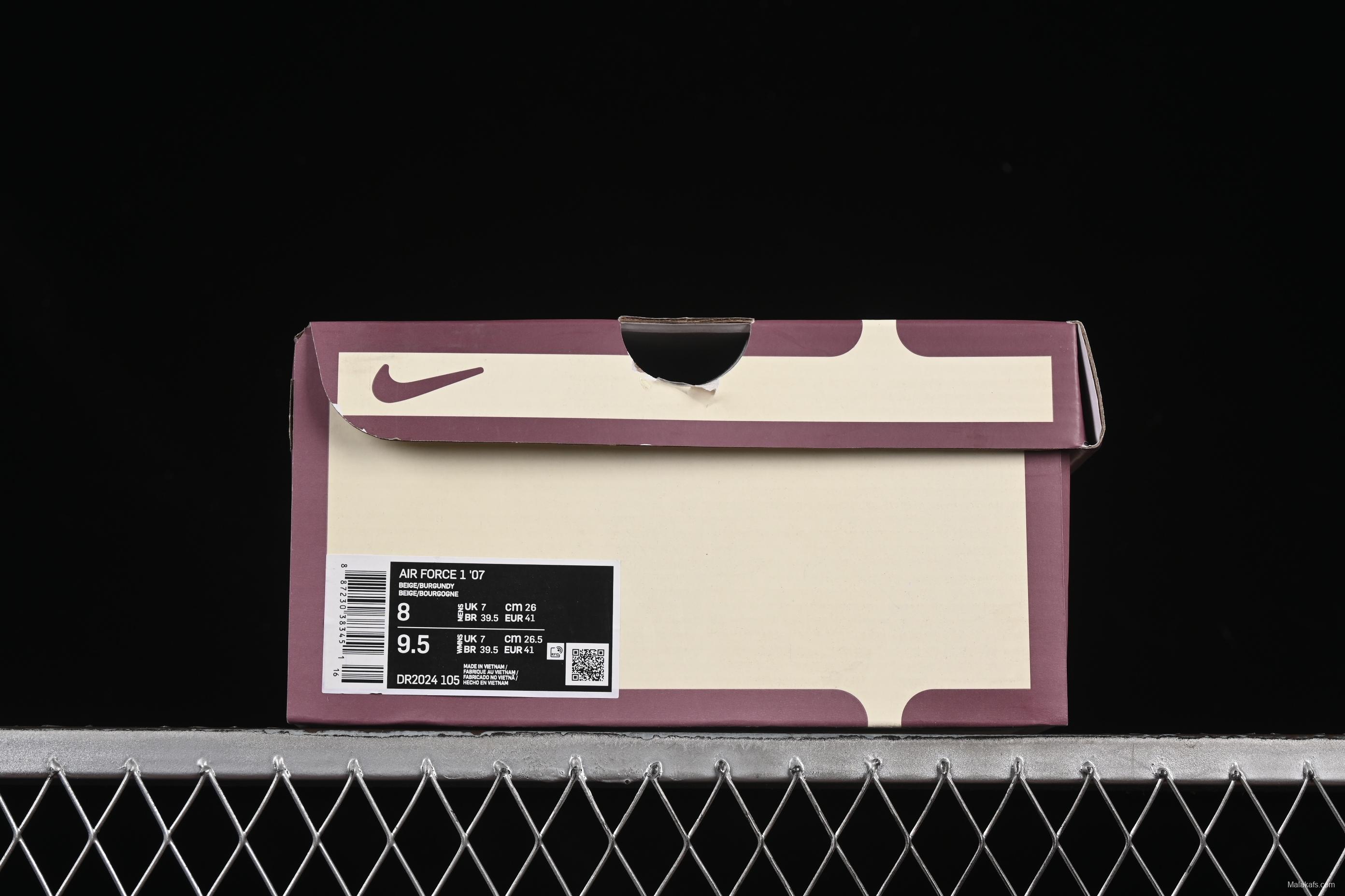 Nike Air Force 1'07 Low "Dream" Casual Sneakers with White Wine Red Swoosh - DR2024-105