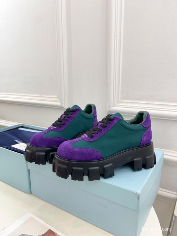 2025 Unisex Prada Purple Green Suede Silk Sneakers KFY00310(F)/KFY00330(M)