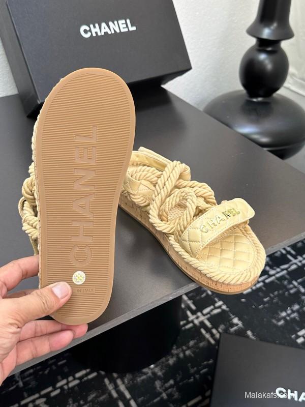 2025 Women Chanel Beige Rope Leather Slingback Sandals