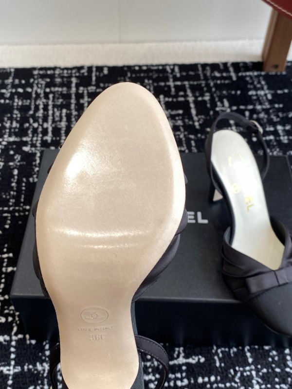 2025 Women Chanel Black Satin Leather High Heels Bow Slingback KFY00289