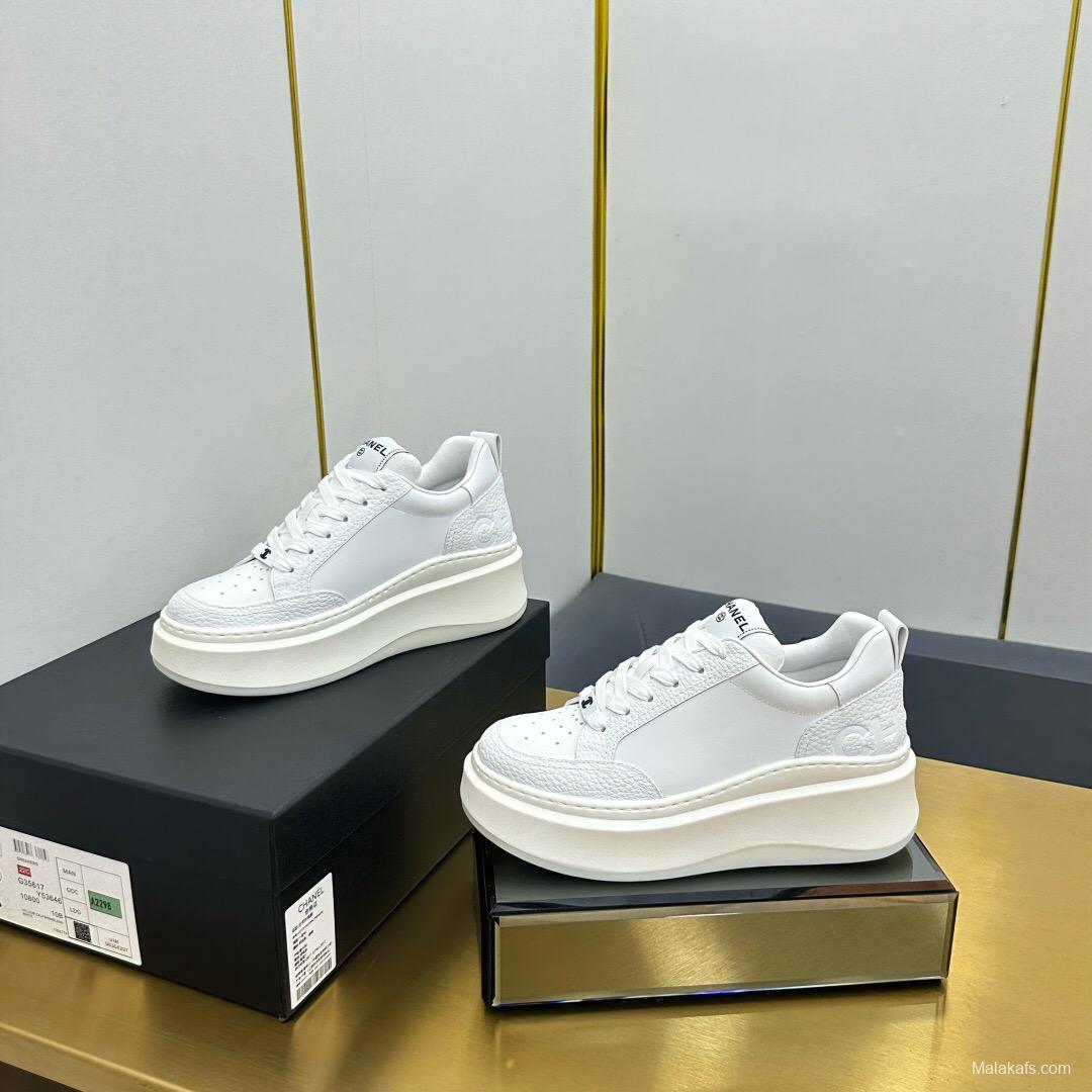 2025 Unisex Chanel White Leather Sneakers Platform Sneakers