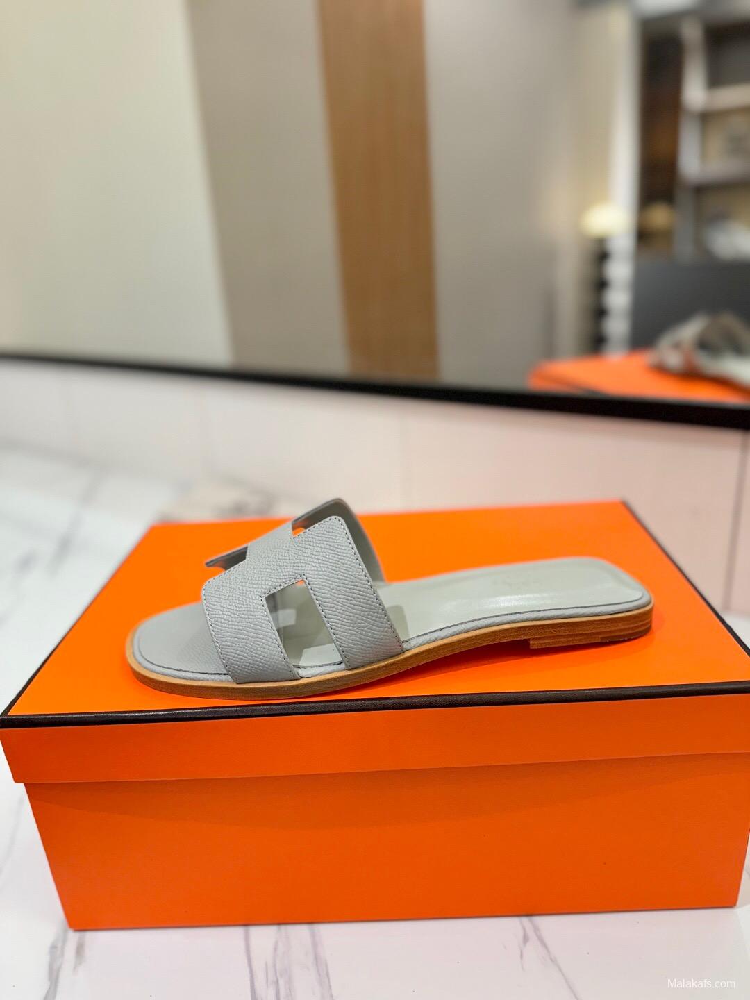 2025 Women Hermès Light Grey Leather Slippers