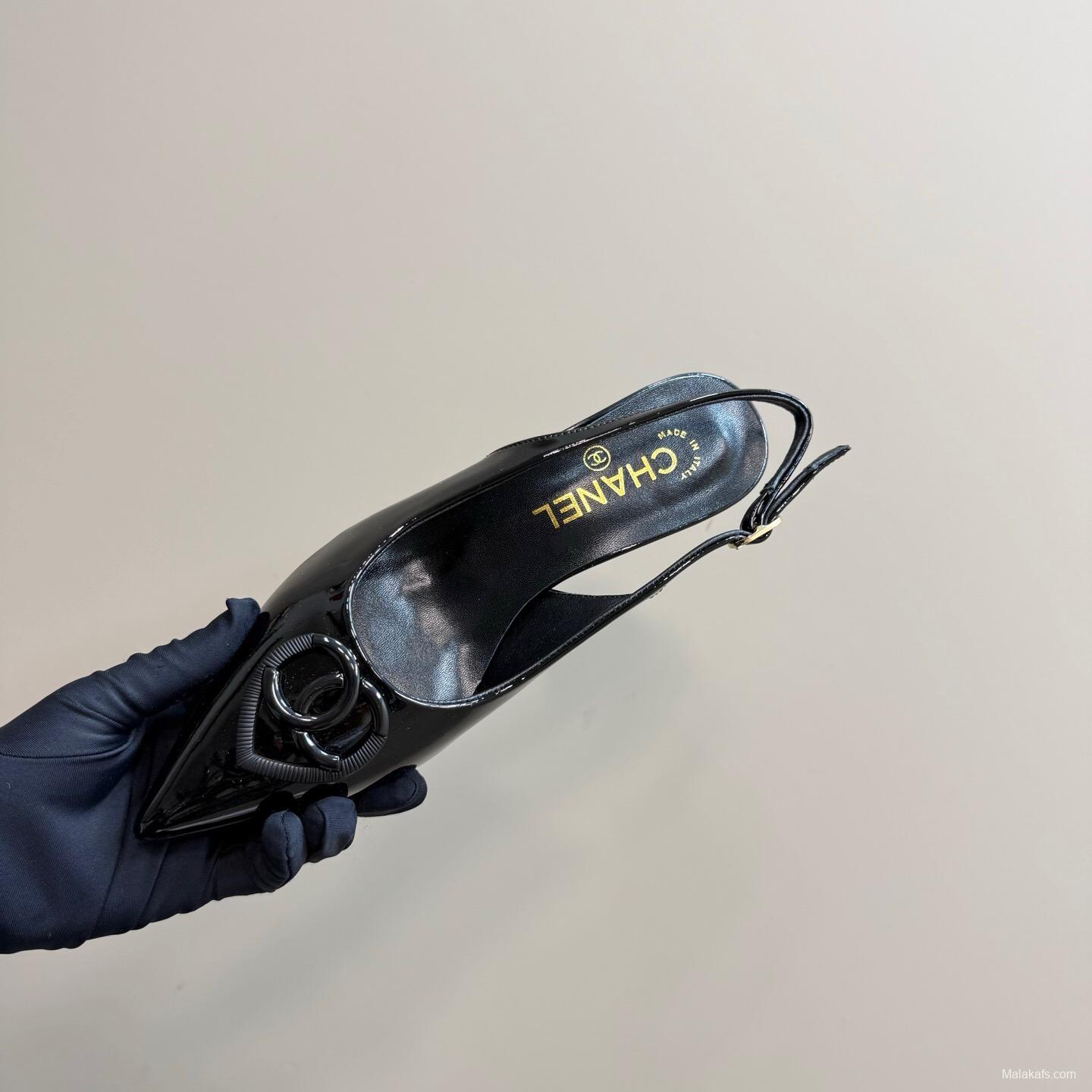 2025 Women Chanel Black Patent Leather Slingback Pumps