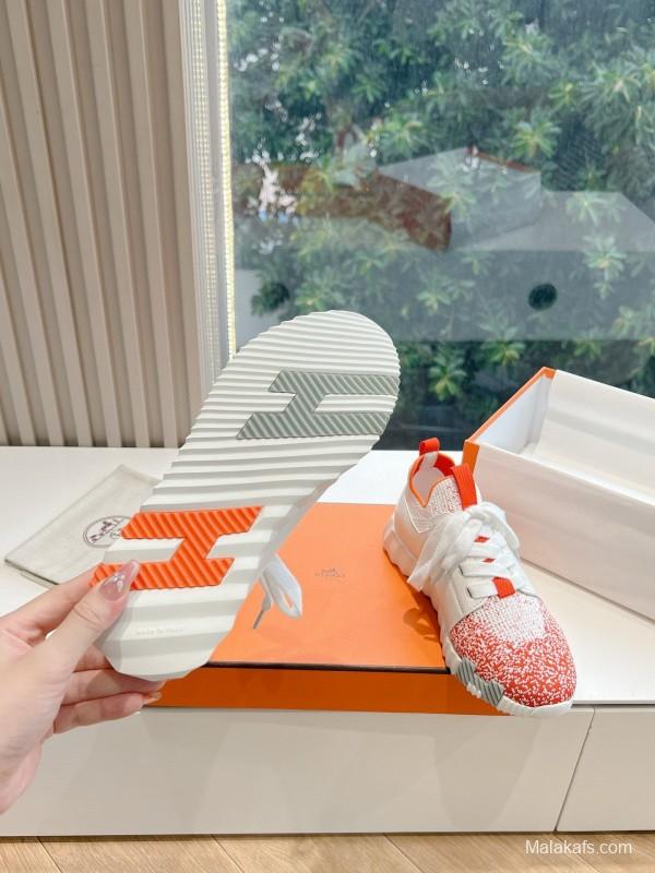 2024 Unisex Hermès white orange leather knit sneakers