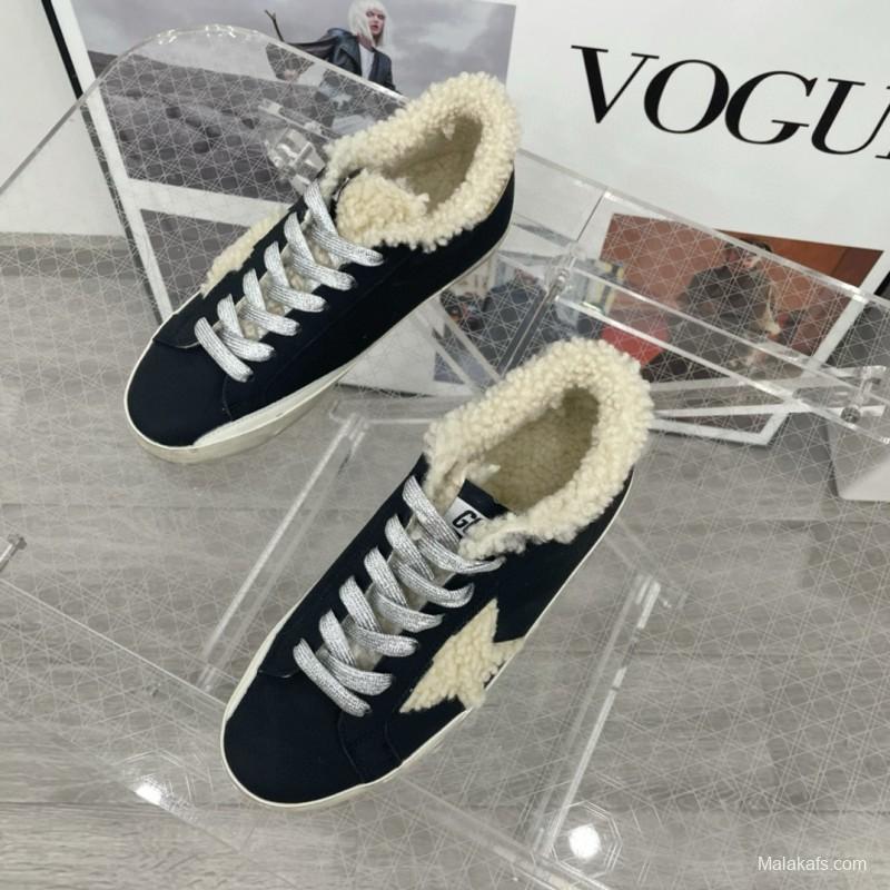 2025 Women GGDB Black Cream Shearling Leather Sneakers