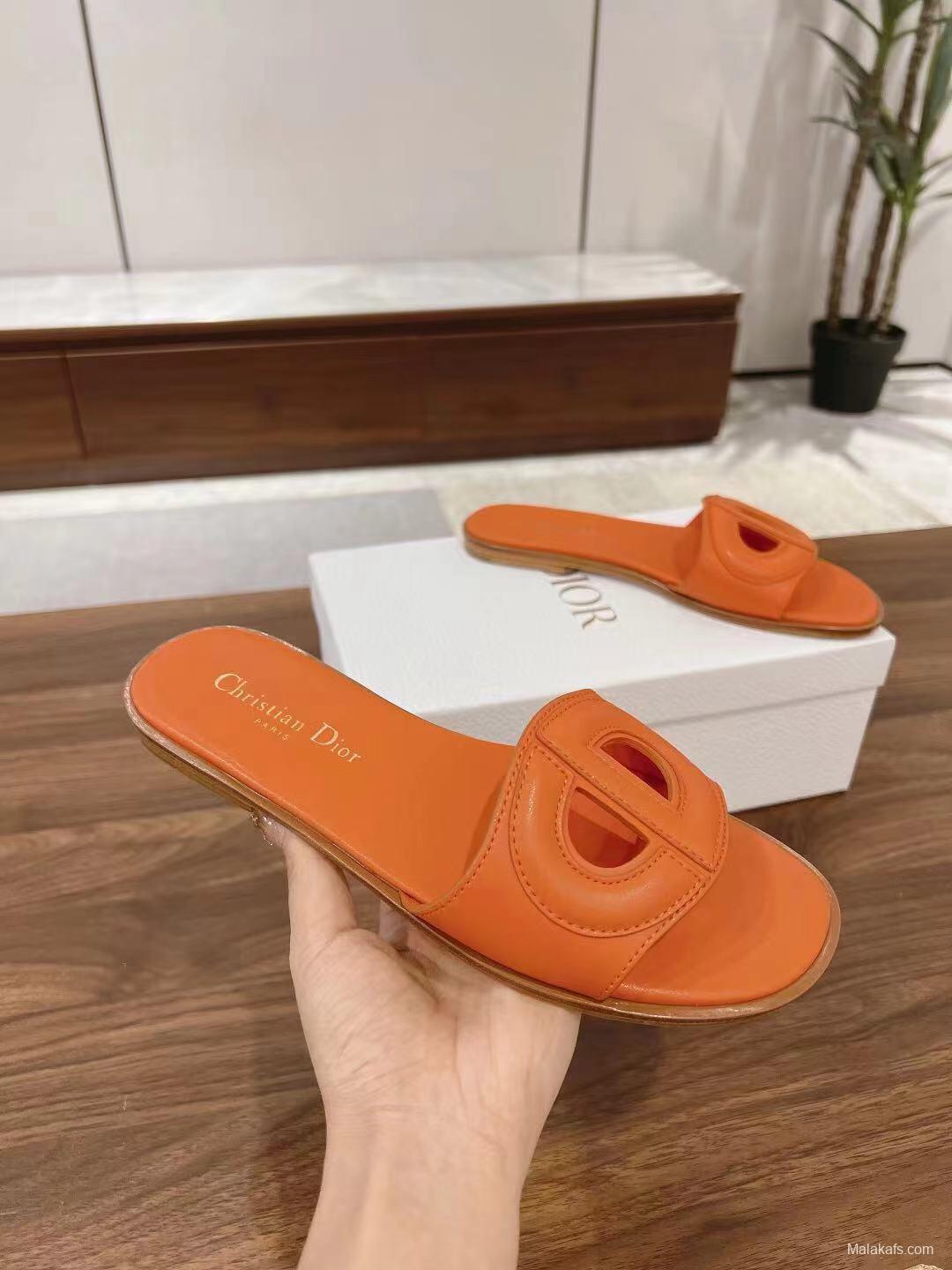 2025 Women Dior Orange Leather Slippers LY00260