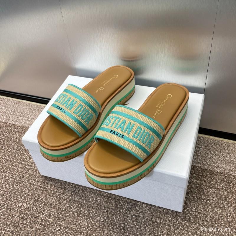 2025 Women Dior Blue Beige Fabric Leather Platform Slide Sandals