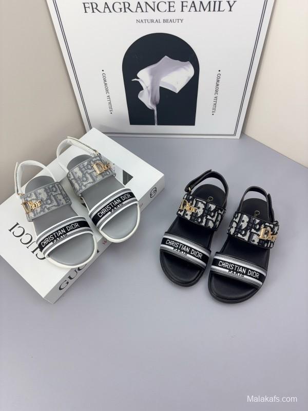 2025 Kids Dior Gray Black Canvas Leather Sandals