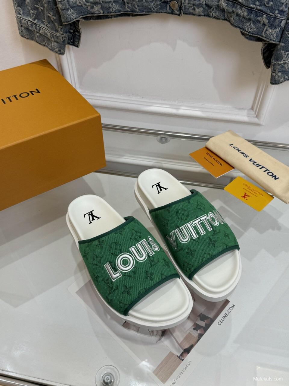 2025 Slippers Louis Vuitton Green Canvas Slippers LY