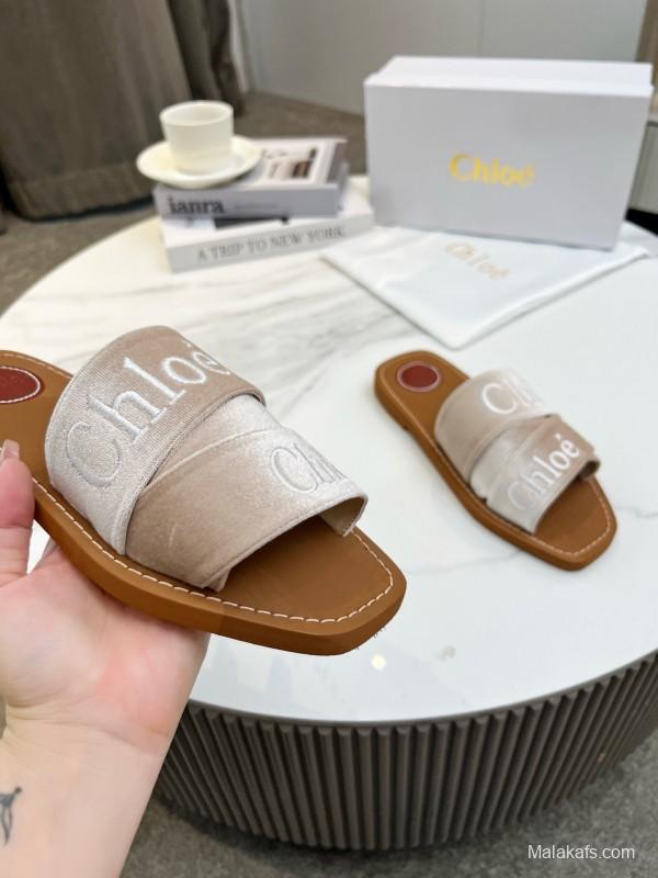2025 Women Chloé Beige Velvet Slippers LY00200