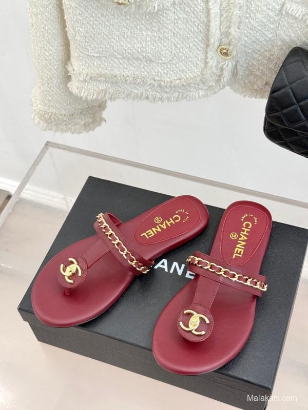 2025 Women Chanel Red Lambskin Chain Sandals KFY00250