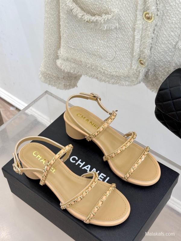 2025 Women Chanel Beige Lambskin Chain Strap Block Heel Sandals