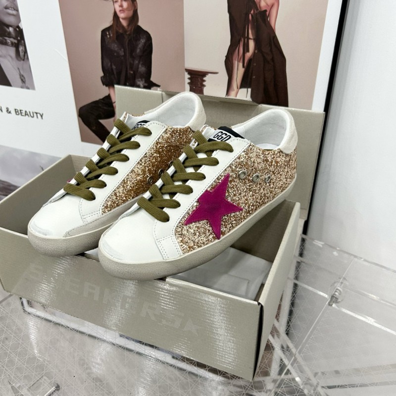 2025 Women GGDB White Gold Pink Glitter Leather Sneakers