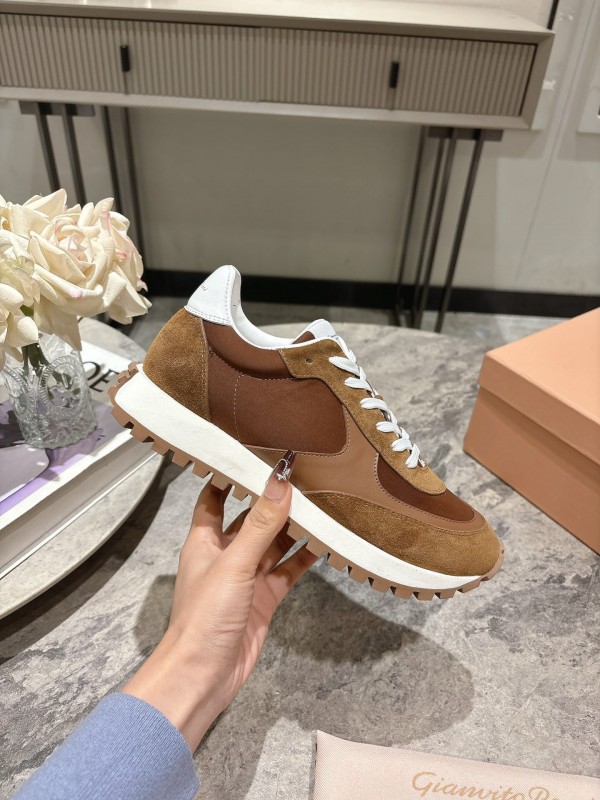 2025 Unisex Gianvito Rossi Brown White Leather Suede Mesh Sneakers KFY00340