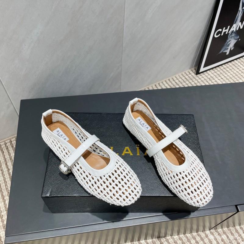 2025 Women Alaïa White Woven Leather Flat Mary Jane Shoes LY00360(F)