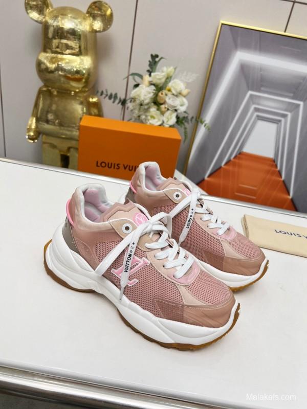 2025 Women Louis Vuitton Pink White Mesh Leather Sneakers LY00340