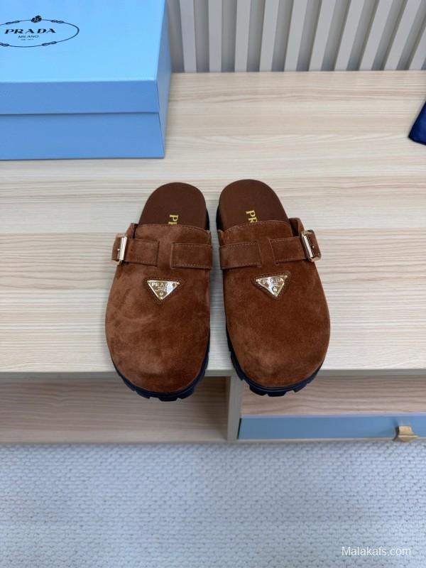 2025 Slippers Prada Brown Suede Slippers LY00280