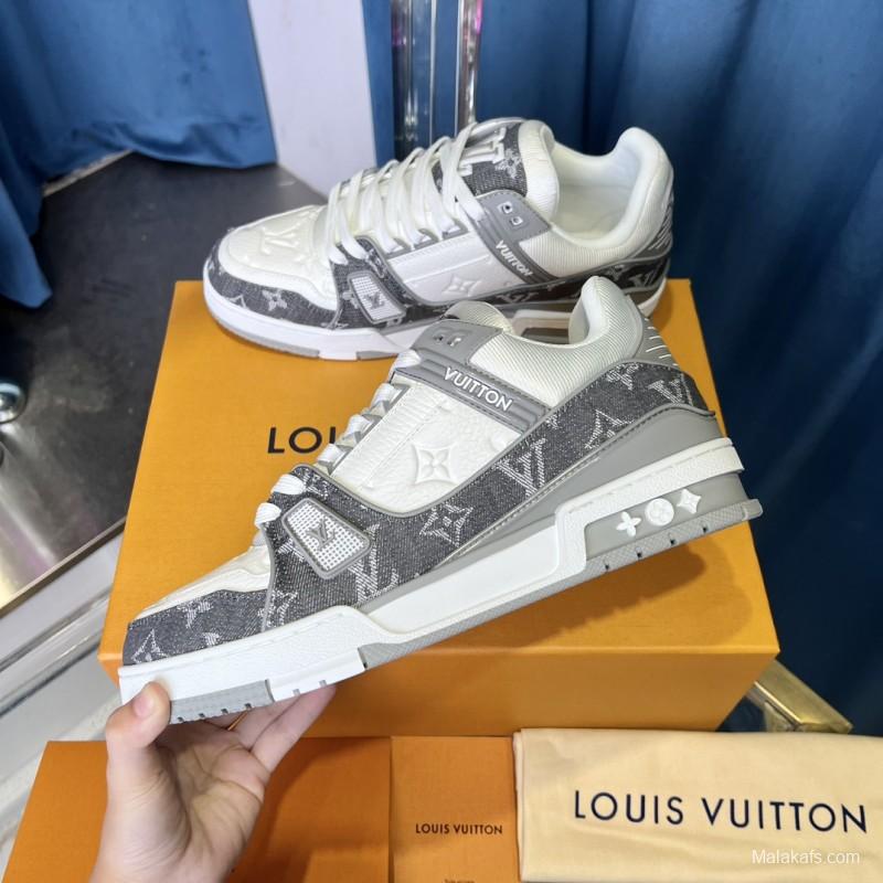 2025 Unisex Louis Vuitton Grey White Canvas Leather Sneakers