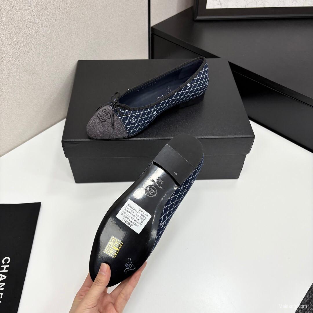 2025 Women Chanel Blue Grey Denim Textile Ballet Flat LY00360