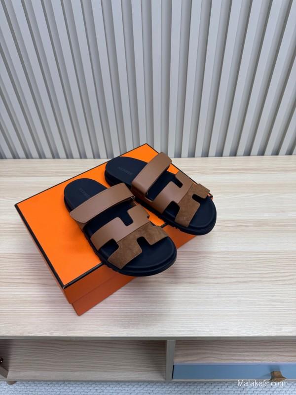 2025 Slippers Hermès Brown Black Leather Nubuck Slippers