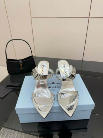 2025 Women Prada Silver Leather Pointed Toe Sandals