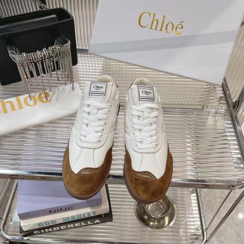 2025 Women Chloé White Brown Leather Suede Sneakers LY00300